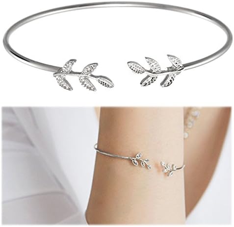 Ci Pure Exquisite Alloy Leaves Charm Slim Cuff Bangle Adjustable Leaf Open Bracelet Silver