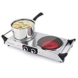 Techwood Electric Stove, Double Infrared Ceramic Hot Plate for Cooking, Two Control Cooktop Burner, Portable Anti-scald handles Suitable for Office/Home/Camp Use, 1800W Compatible for All Cookwares