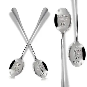2 Packs Stainless Steel Cereal Killer Spoon Scoop Coffee Spoons, Real Deal for Cereal Lover Reusable Tea spoons Dessert Spoons Ice Cream Fruit Spoon for Home Party Restaurant Party Supplies (Silver)