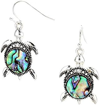 Antiqued Silver Honu/Sea Turtle Drop Earrings with Abalone Shell and Crystal Detail