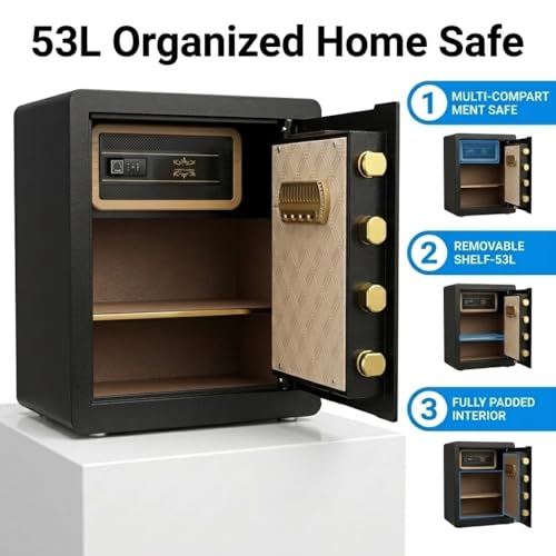 Asylosss 53L Home Safe with Hidden Code Drawer, 3-Layer Storage & Adjustable Shelf, Heavy Steel Multipoint Bolts, Triple Access, Dual Alarm, Wall Mountable – for Cash, Jewelry, Documents