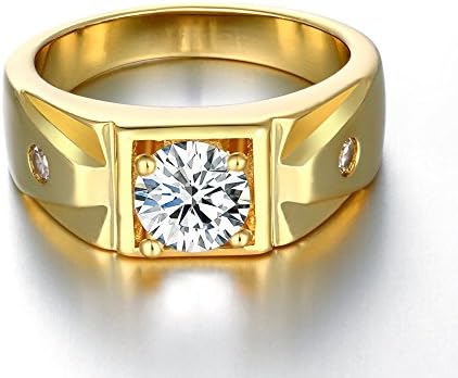 YiLinger Generous Men Jewelry Gold Plated Rectangle Pattern Cubic Zirconia Wide Band Rings