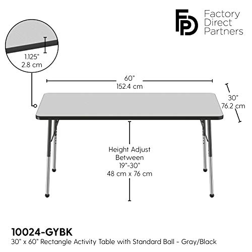 FDP Rectangle Activity School and Office Table (30 x 60 inch), Standard Legs with Ball Glides, Adjustable Height 19-30 inches - Gray Top and Black Edge