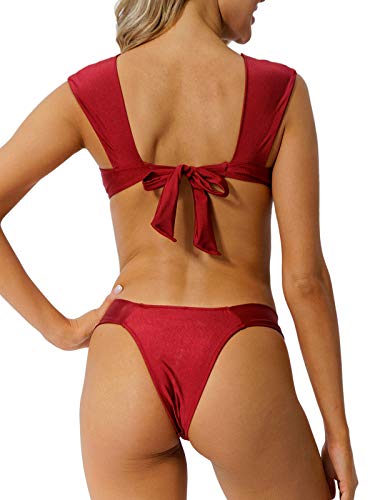 Peddney Push Up Bikini Swimwuit for Women High Cut Triangle Bikini Two Piece Bathing Suit Red Wine