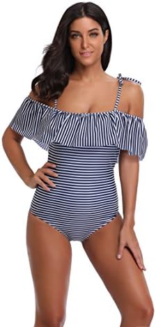 Niuer Women's Black &amp; White Striped Off Shoulder Flounce One Piece Swimsuit Floral Printed Beach Swimwear Bathing Suit Size L