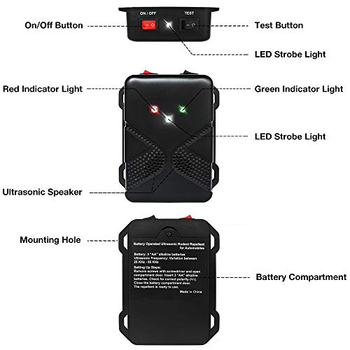 Loraffe Under Hood Animal Repeller Battery Operated Rodent Repellent Ultrasonic Rat Deterrent Keep Mice Away from Car with Ultrasounds and LED Strobe Lights Vehicle Pest Control Rodent Defense