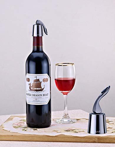 OWO Wine Stopper with Stainless Steel, Wine Preserver, Rose Gold Decorative Wine Saver Vacuum Plug with Silicone, Expanding Beverage Bottle Stopper, Reusable Wine Cork Keeps Wine Fresh (Metal Black)