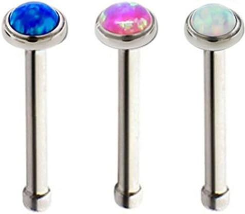 Assorted 3pcs 20 Gauge Stainless Steel Sparkle Opal Cabochon Straight Nose Ear Studs