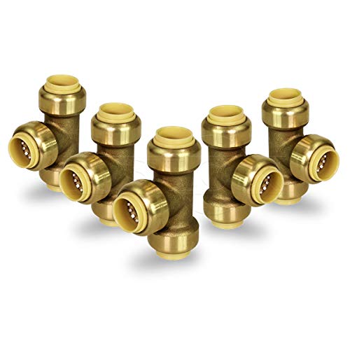 Pushlock UPET34-5 Tee Pipe Fittings Push to Connect Pex Copper, CPVC, 3/4 Inch, Brass Pack of 5