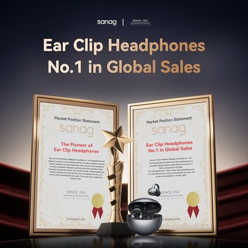 Sanag S6S Open Ear Free Clip-On Headphones, True Wireless Bluetooth Earphones with Microphone, IPX4 Waterproof Sports Earbuds, 38H Playtime OWS Design Fit Sport Running, App Custom Settings (Black)