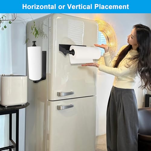 Magnetic Kitchen Roll Holder with Buffer Effect, One Hand Operation, Self Adhesive and No Drilling, Aluminum Alloy Kitchen Roll Holder for Kitchen, Refrigerator, Oven, Caravan, Garage (Black)