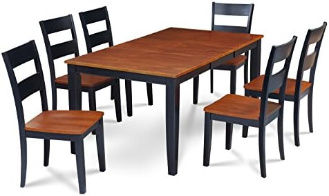 Trithi Furniture - Fullerton Solid Wood EXTENDABLE Dining Set with Chairs (Black Table with Wooden Seat Chair, 7)