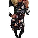 haoricu Women Dress, Women Halloween Pumpkin Skull Christmas Print Long Sleeve Party Swing Mini Dress Blue