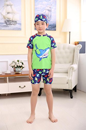 Monvecle Boys' 3-Pieces Short Sleeve Sun Protective Rashgurad Set with Swim Cap UPF 50+ Green 7-8y