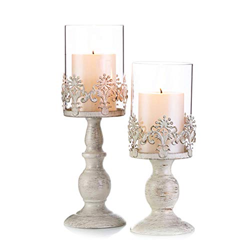 Pcs of 2 Vintage Metal Pillar Candle Holder Antique Hurricane Candlestick with Glass Screen Cover Accent Display for Home Wedding Candlelight Dinner Decoration (10.7" H & 13" H)