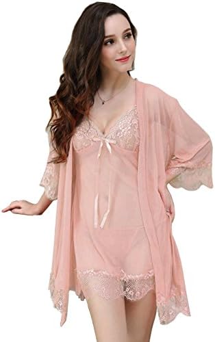 Yountea Women Sexy Lingerie Sleepwear Set 3 Pics See Through Lace Robe Chemise Babydoll G-String Outfit (XL, Nude)
