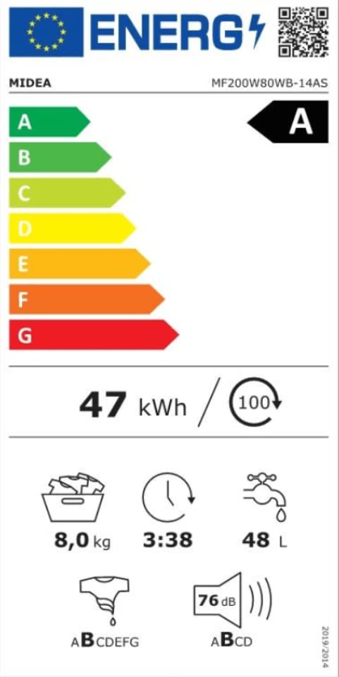 Midea MF200W80WB-14AS Waschmaschine/8KG /Energieeffizienzklasse A/Mengenautomatik/Steam Care/Nachlegefunktion / 1400 U/min/Zeitsparen - Turbo/nur 48 cm tief/APP-Steuerung, AquaStop, Weiß
