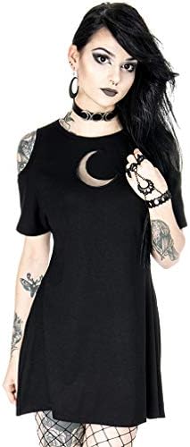 Restyle Crescent Moon Tunic Gothic Rock Punk Emo Occult Fashion Women's Black Cotton Cold-Shoulder Mini Dress