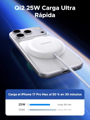UGREEN Zapix Qi2 25W Certified iPhone MagSafe Wireless Charger Compatible with iPhone 17 16 15 14 13 12 Air Plus Pro MAX, Magnetic Charger Fast Charging with 1.5M Long Cable (White)