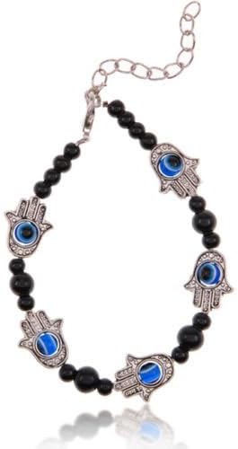 ERAWAN Vinatge Hamsa Fatima Hand Evil Eye Tibetan Silver Beaded Charm Chain Bracelet EW sakcharn