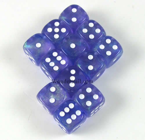 Purple Borealis with White Pips 12mm D6 Dice Set of 12 Wondertrail WCX27807E12