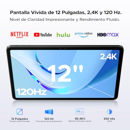 P12 Tablet 12 Pulgadas 2.4K 120Hz Display, Tablets Android 16 con Gemini AI, 10000mAh, 48GB+128GB/2TB, Unisoc T7280 Octa-Core, 13MP+8MP, Face ID, Widevine L1, Auriculares 3.5 mm, teclado, lapiz, Negro