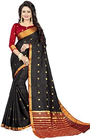Angel Fashion Trends Black Cotton Designer Indian Pakistani Saree with Unstitched Blouse Piece