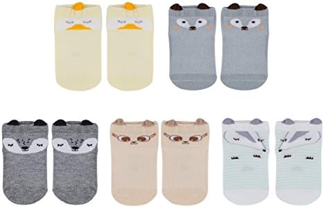 Baby Crew Socks Cartoon Animal Pattern with Cotton Rich for Unisex Girls Boys,5 Pack (M, gray assort 4 for boys)