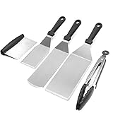 Griddle Accessories, Griddle BBQ Tool Kit Flat Top Grill Accessories 3 Griddle Spatula 1 Griddle Scraper And 1 Tong, 5 PCS Great For Outdoor Camping Flat Top Cooking Stainless Steel Dishwasher Safe