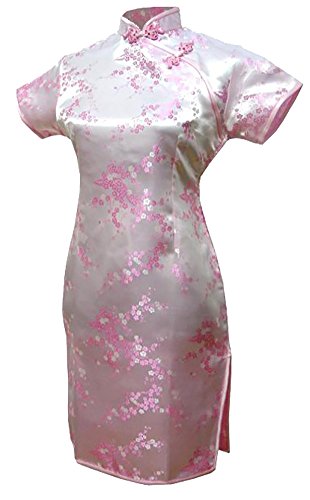 7Fairy Women's Vtg Pink Floral Mini Chinese Evening Dress Cheongsam
