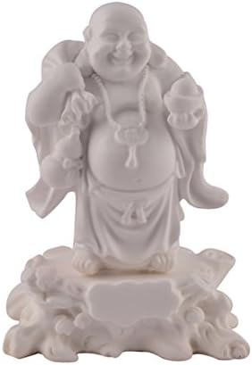 Ethnic Karigari Lucky Feng Shui Laughing Buddha Statue for Good Luck Wealth, Money and Happiness Holding a Bowl in White Color Handicrafts Made from Marble Powder in India 4.6 Inch