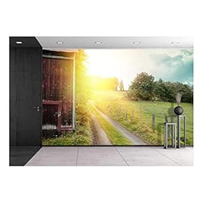 Summer Landscape with Old Barn and Country Road at Sunset - Removable Wall Mural | Self-Adhesive Large Wallpaper - 66x96 inches