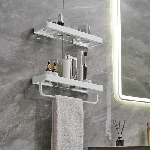 40 CM Wall Mounted Shower Shelves, 2 Tier Bathroom Caddies with Towel Bar, Tempered Glass Floating Shelf, White Bathroom Wall Organizer