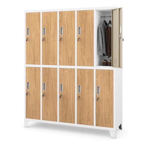 Jan Nowak Metal Dressing Cabinet 10 Compartments Steel 172 x 136 x 45 cm Cabinet with Clothes Rails Key Lock White Golden Oak