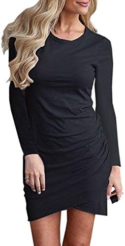 Yonala Womens Irregular Hem Long Sleeve Dress Solid Bodycon T Shirt Mini Dress