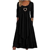 Bengbobar Women's Heart Crewneck Long Sleeve Tiered Dresses Solid Color Casual Fall Wedding Party Guest Dress with Pockets
