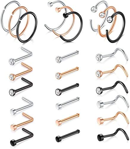 incaton Nose Stud 20g Hoop 8mm L Shape Nose Screw Bone Flat Top Surgical Stainless Steel C Shape High Nostril Piercing Jewelry Silver Rose Gold Black