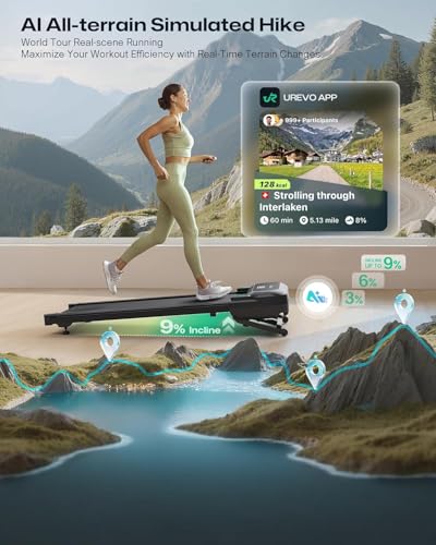 UREVO Smart Walking Pad Treadmill,9% Auto Incline, Quiet Operation, 2.5HP Dual Brushless Motorized, Standing Desk Treadmill, AI App with World Tour & HIIT, 12-Point Shock Absorption, Immersive Hiking