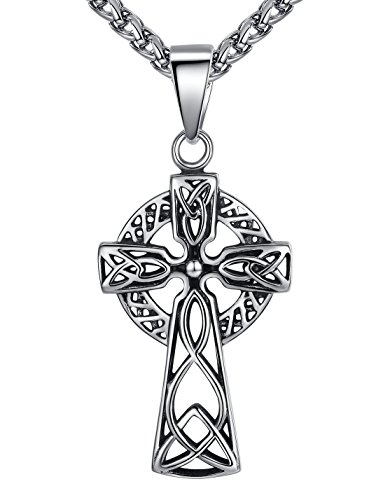 Aoiy Men's Stainless Steel Celtic Cross Filigree Irish Knot Large Pendant Necklace, 24