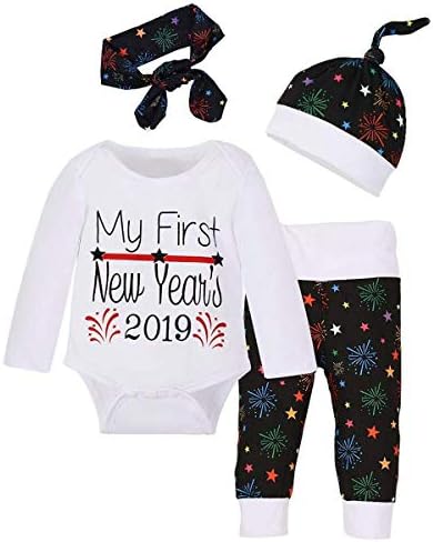 4Pcs Newborn Baby Boys Girls My 1st New Year Romper Outfits Set