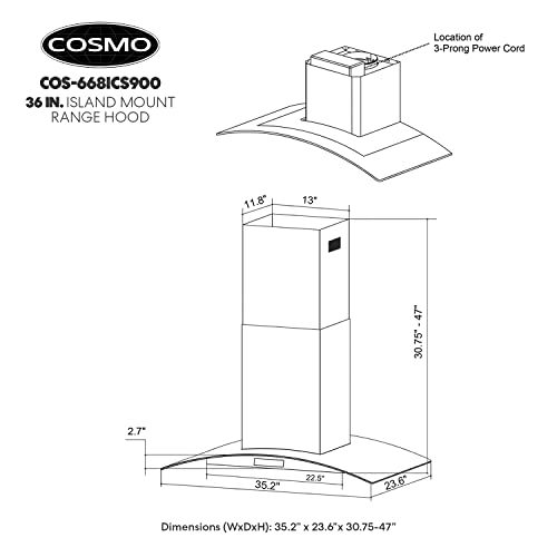 COSMO 668ICS900 36 in. Island Range Hood with 380 CFM, 3 Speeds, Ducted