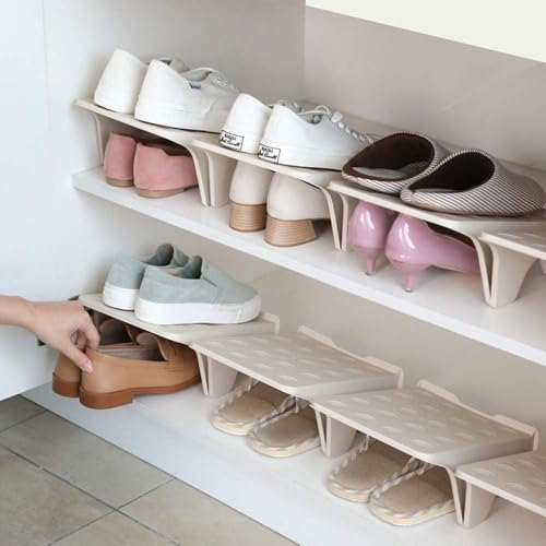 COOLive 4 Pcs Shoe Slots Organizer for Closet – 10 x 8.7 Inches, Space Saver, Double Layer Shoe Dividers for Shelves – Durable, Stackable Shoes Organizer for Closet | Fits Heels, Sneakers, Flats