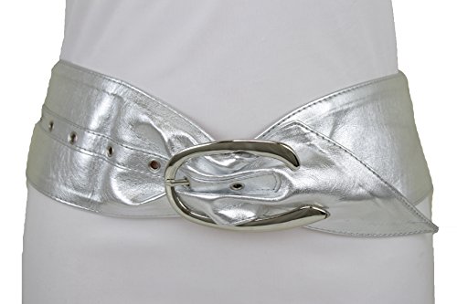 TFJ Women Fashion Wide Belt Hip High Waist Metallic Silver Metal Buckle S M