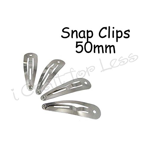 25 Snap Hair Clips - Silver Metal Tear Drop Shape with Hole - 50mm