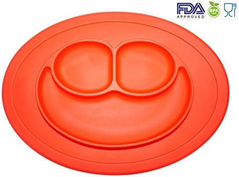 Silicone Baby Placemat Smiley Face Round Non Slip With Built in Plate Bowl Tray Best for Children Kids Toddlers (Light Red)