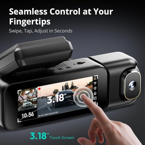 Botslab 3 Channel Dash Cam 4K with 128GB Card, 3.18" Touch Screen, Voice Control, 4K Front and 1080P Rear Inside Loop Recording, 5.8GHz WiFi, GPS, Night Vision, WDR, Parking Mode