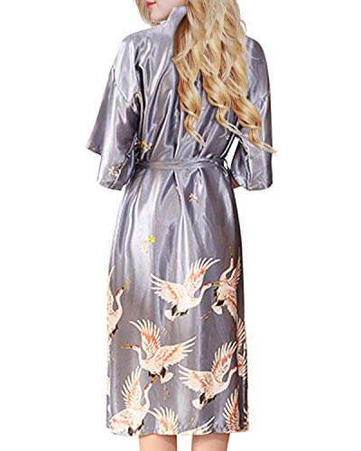 ETAOLINE Womens Satin Kimono Robe Printed Bathrobes Bridal Dressing Gown - Thumbnail 2