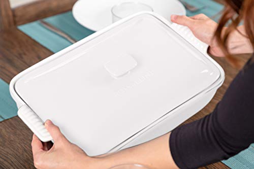 Rossallini Stoneware Casserole Dish Bakeware Set with Lid, Covered Rectangular Dinnerware, Large 4 Quart, 13 by 9 Inch (Glossy White)