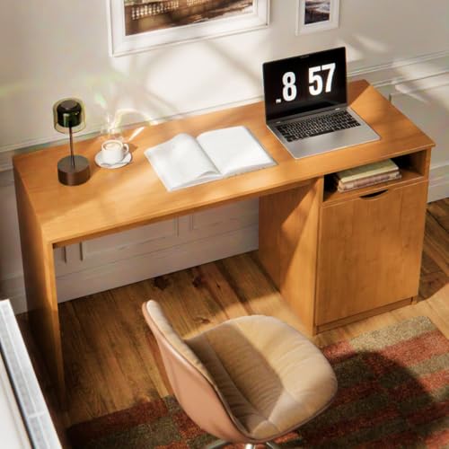 Escrivaninha de Estudo e Trabalho em MDF Compacta, Mesa para Home Office com Nicho Aberto e Armário com Porta, Estrutura Resistente para Quarto e Escritório (Nature OFF)