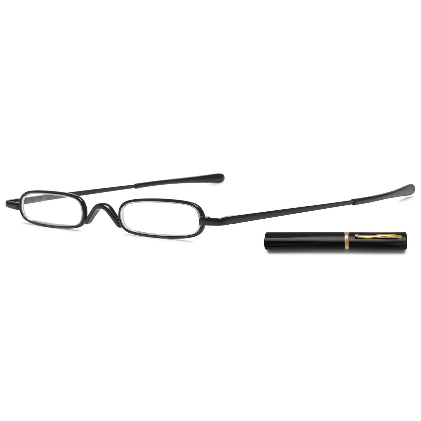 ABETOS Mini Compact Reading Glasses Slim Pen Reader Glasses with Portable Clip Case Metal Frame Spring Hinges Fashion Pocket Readers for Men Women, Black 1.0